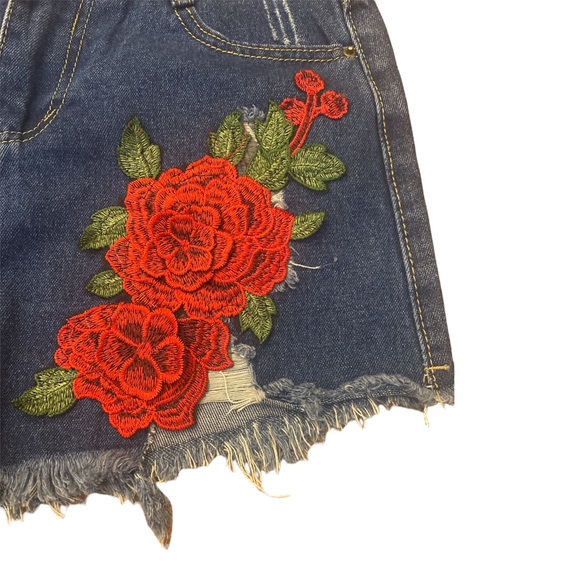 Vintage 1990’s Ultra Short High Rise Demin Shorts with Flower Appliqué, 28” - Picture 2 of 6